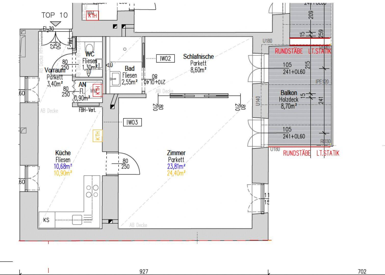 Detaillierter Grundriss der Wohnung Top 10 mit Schlafzimmer, Bad, Küche und Balkon.