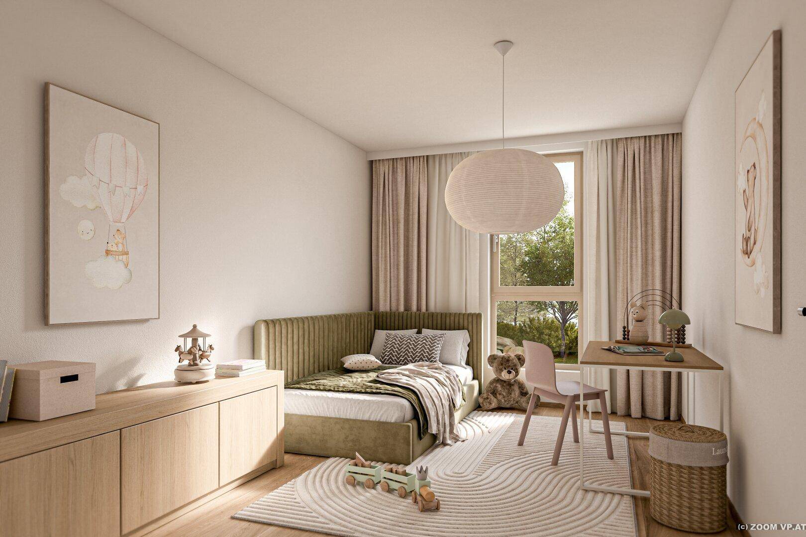 Freundliches Kinderzimmer mit Einzelbett, Schreibtisch und Blick ins Grüne.