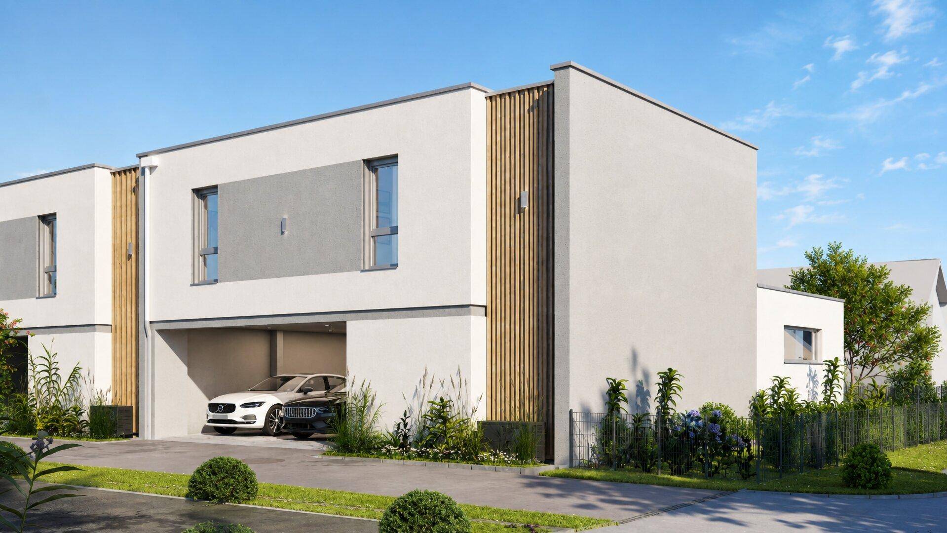 Moderne Hausfassade am Tag mit integriertem Carport und klaren Linien.