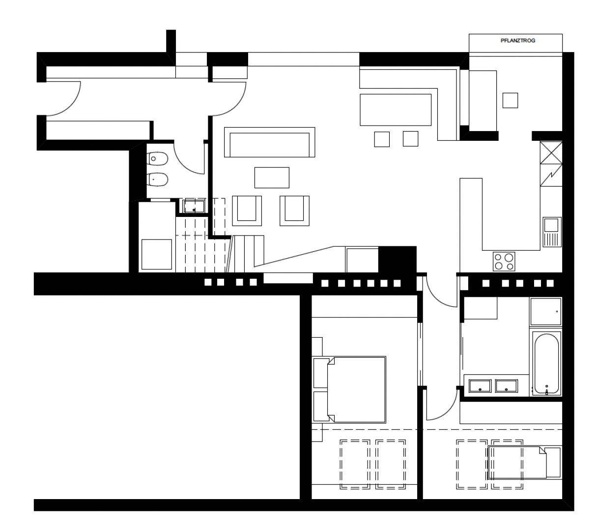 Grundrissplan einer Wohnung mit offenem Wohnbereich, Küche und mehreren Zimmern.