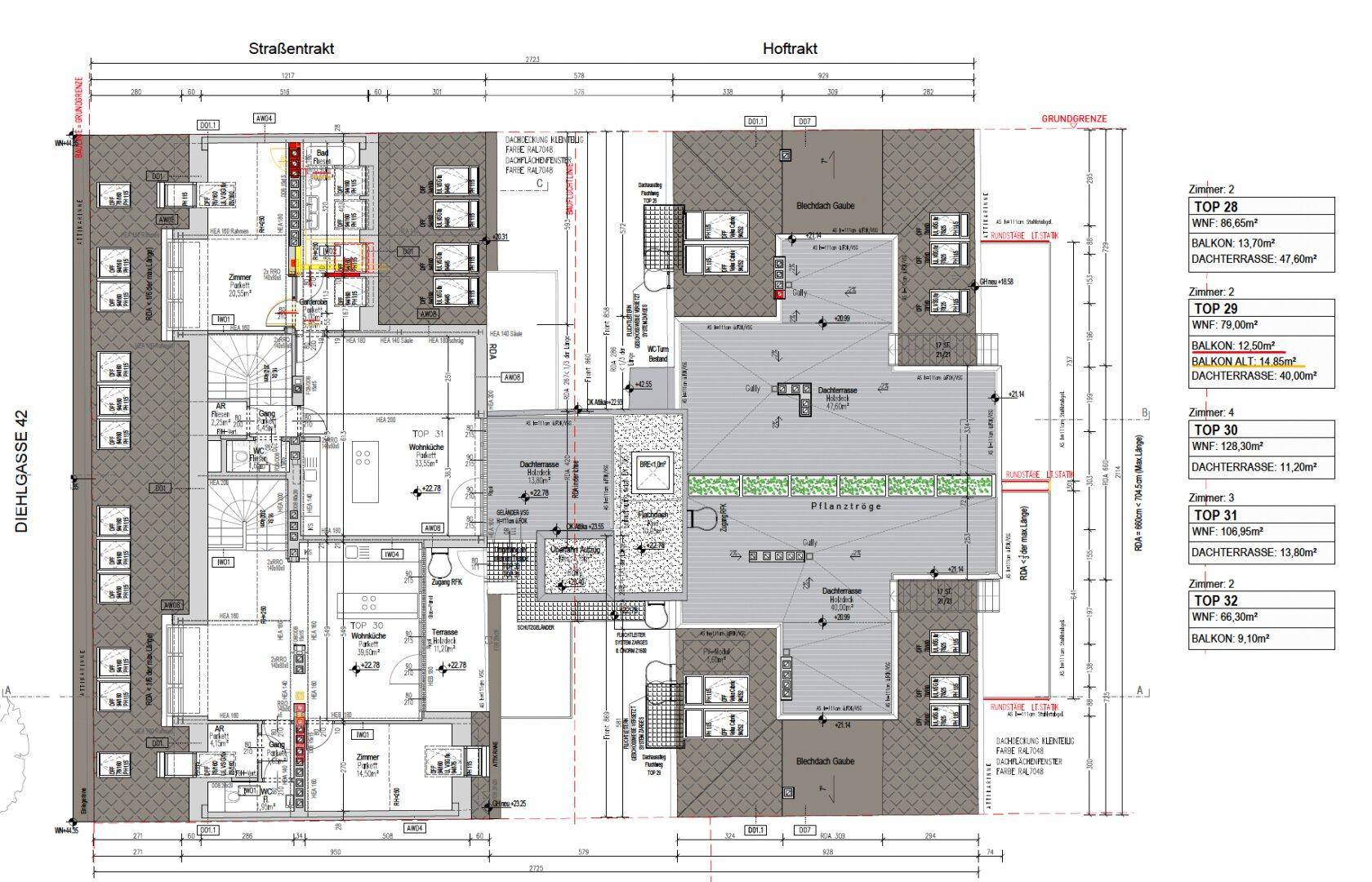 Übersichtlicher Grundrissplan mit Dachterrassen und Balkonen für mehrere Wohneinheiten.