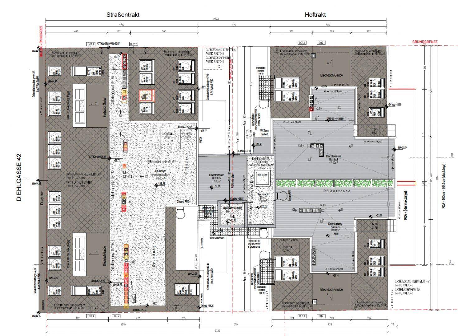 Detaillierter Grundrissplan mit verschiedenen Wohneinheiten und Außenbereichen.