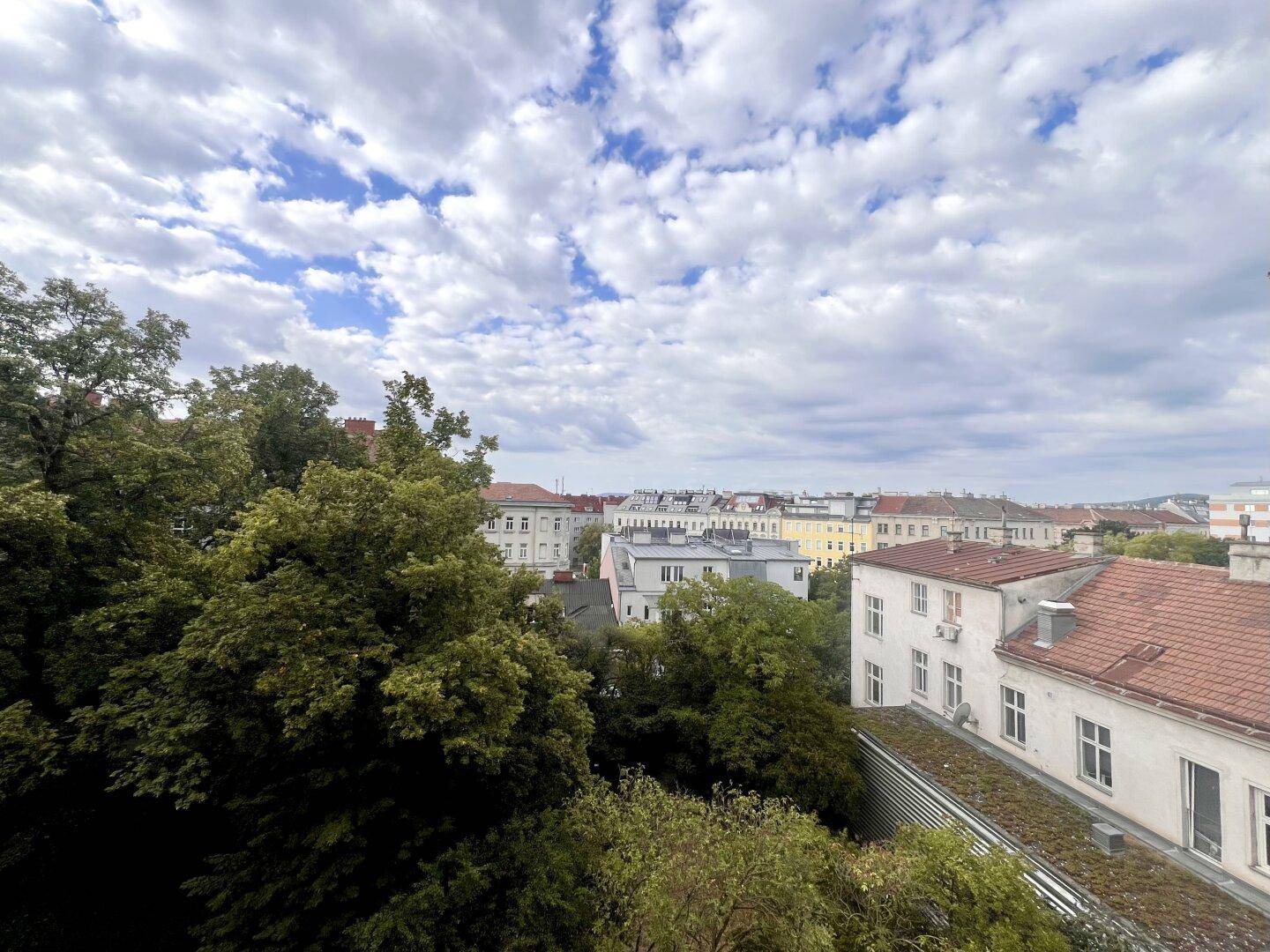 Panoramablick über die Dächer der Stadt mit viel Grün und bewölktem Himmel.