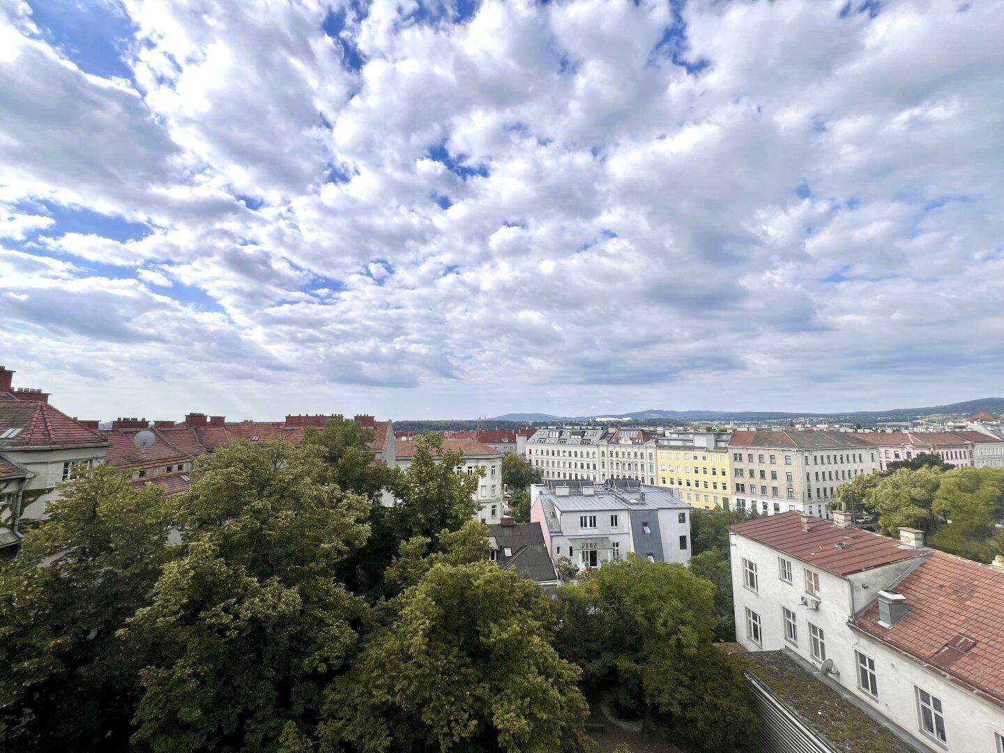 Panoramablick über die Stadt mit historischen Dächern und grünen Bäumen unter bewölktem Himmel.