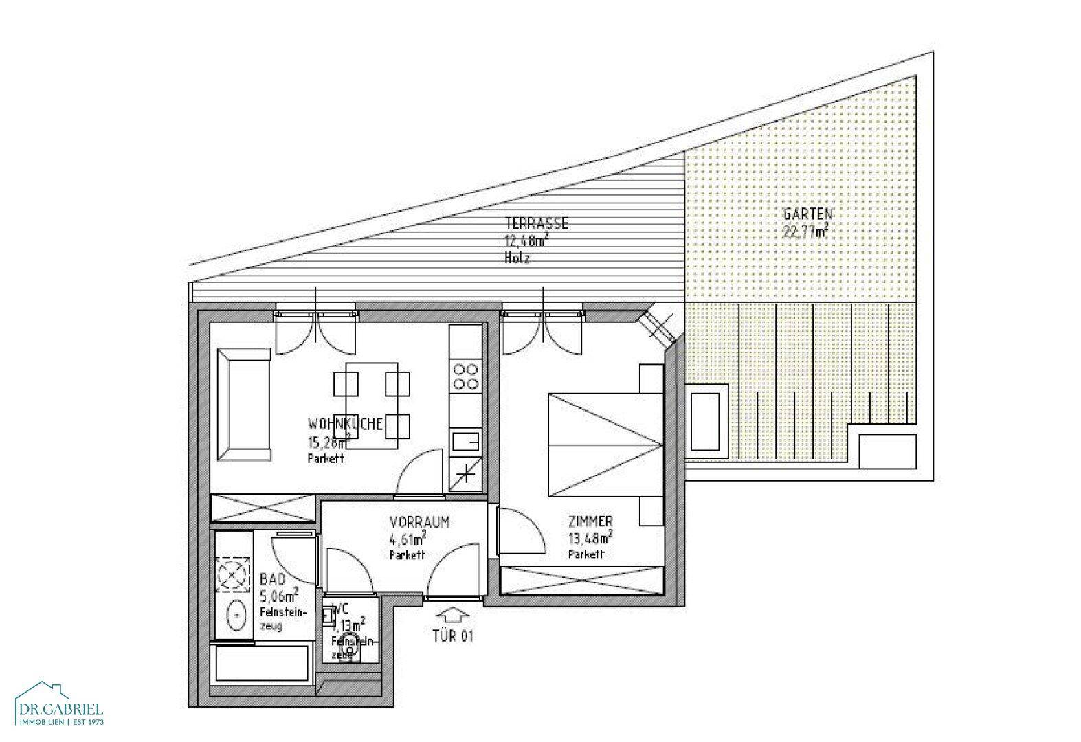 Grundriss einer Wohnung mit Wohnküche, Schlafzimmer, Bad, separatem WC, Terrasse und Garten.