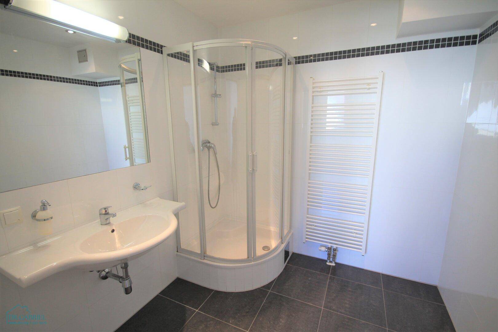 Modernes Badezimmer mit Duschkabine, Waschbecken und beheiztem Handtuchhalter.