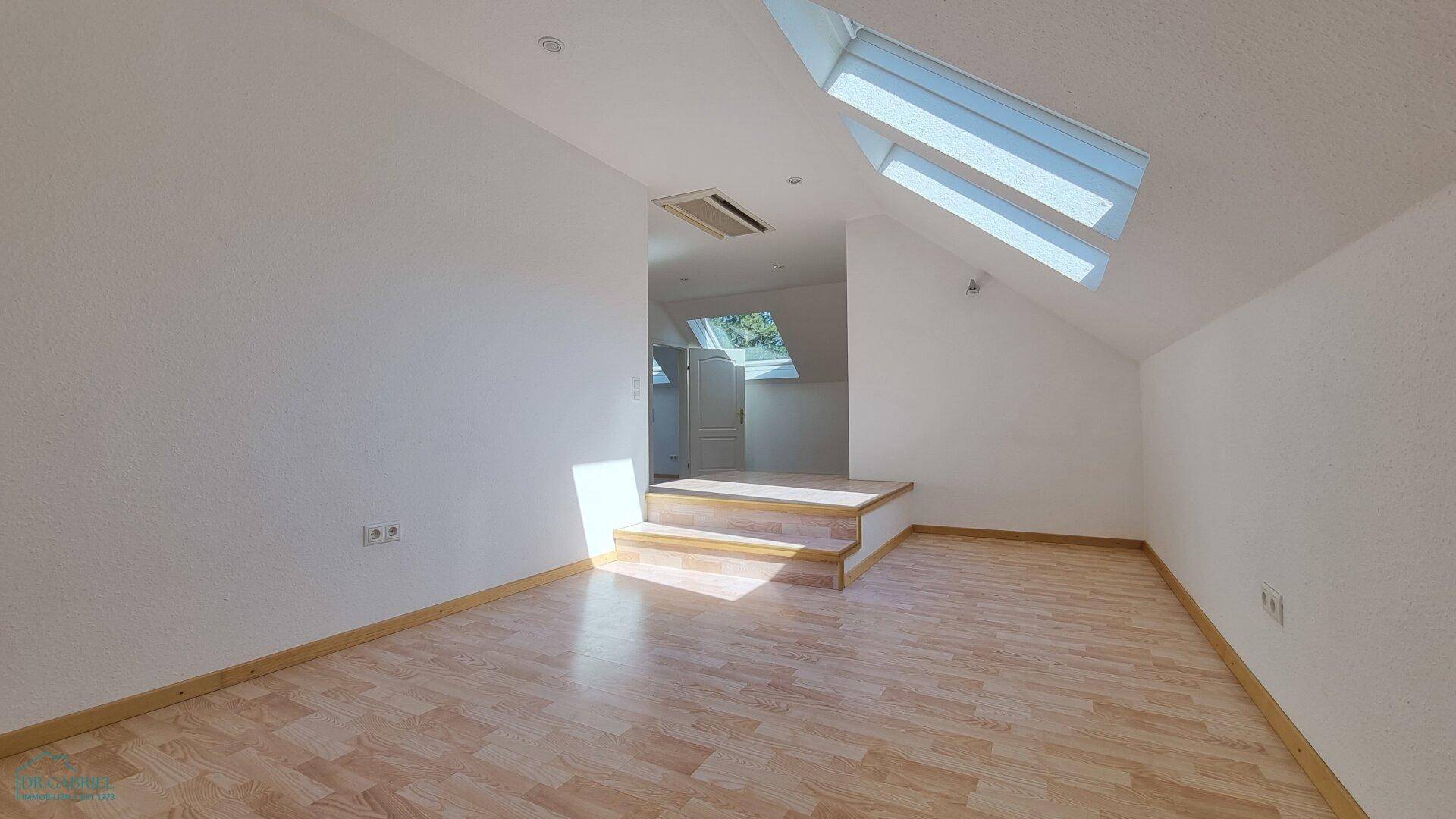 Geräumiger, leerer Dachbodenraum mit schrägen Decken, Dachfenstern und Laminatboden.