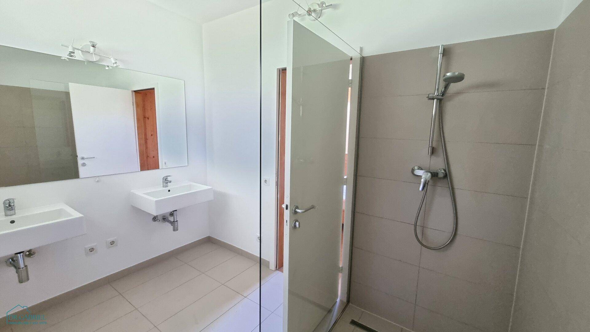 Modernes Badezimmer mit zwei Waschbecken, großem Spiegel und einer begehbaren Dusche mit grauen Fliesen.
