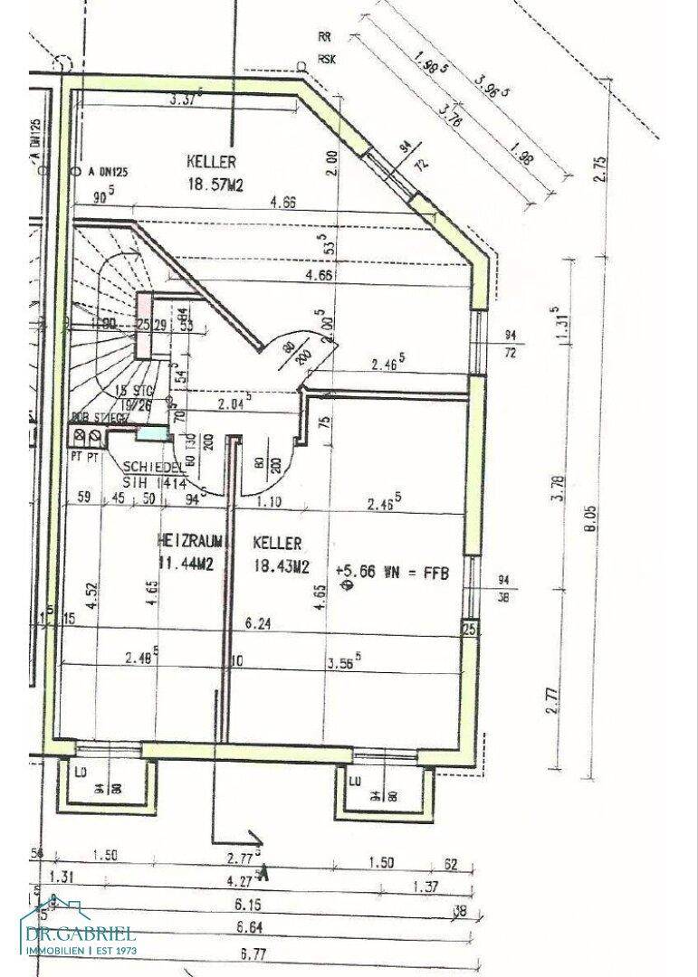 Grundriss des Kellergeschosses mit mehreren Kellerräumen und Heizraum.