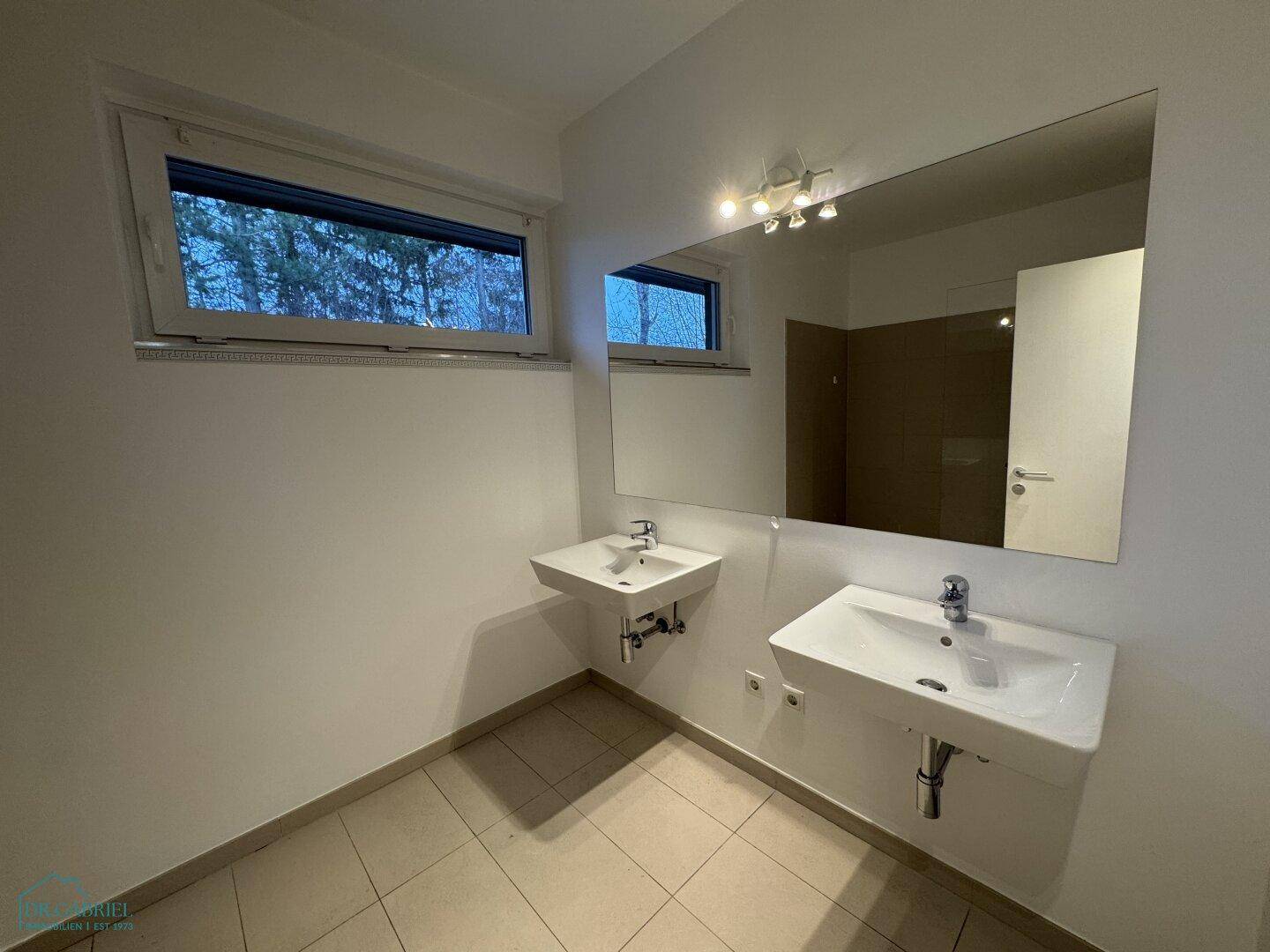 Helles Badezimmer mit zwei Waschbecken, großem Spiegel und Fenstern, die Tageslicht hereinlassen.