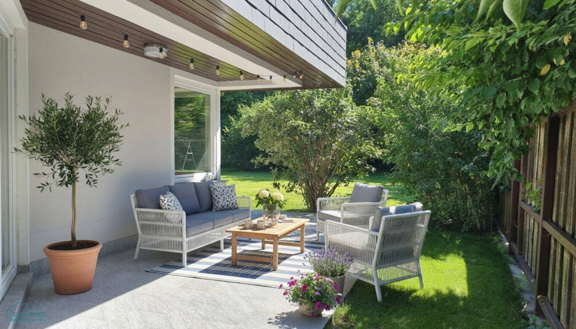 Stilvolle Terrasse mit modernen Gartenmöbeln, Teppich und Pflanzen, umgeben von üppigem Grün.