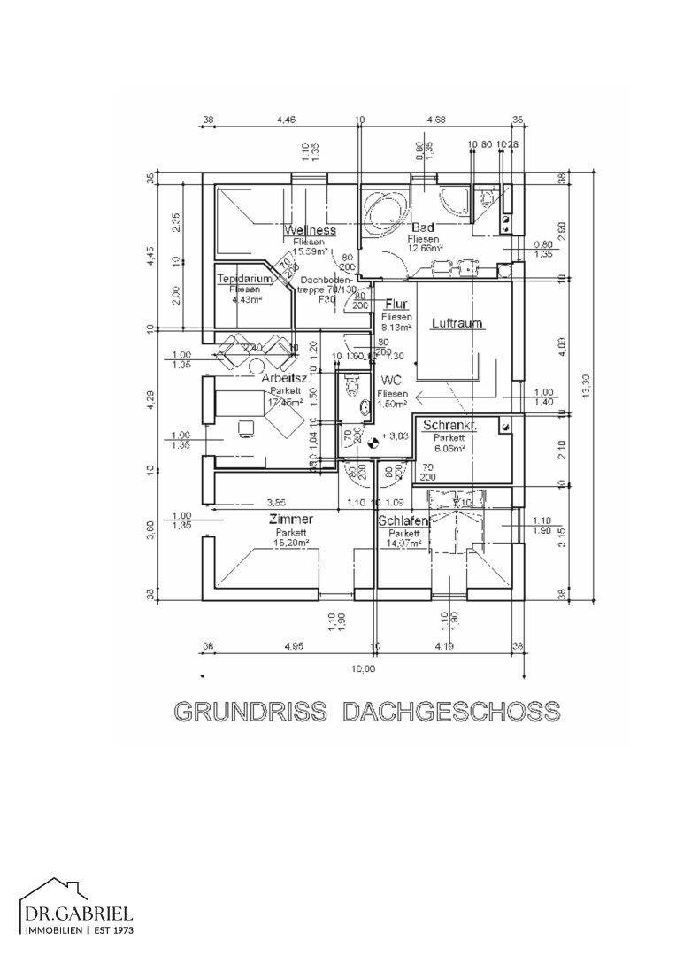 Grundriss des Dachgeschosses mit Schlafzimmern, Wellnessbereich, Bad und Dachterrasse.