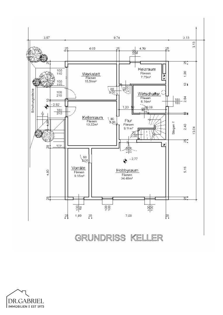 Grundriss des Kellers mit Werkstatt, Heizraum, Wirtschaftsraum und Hobbyraum.