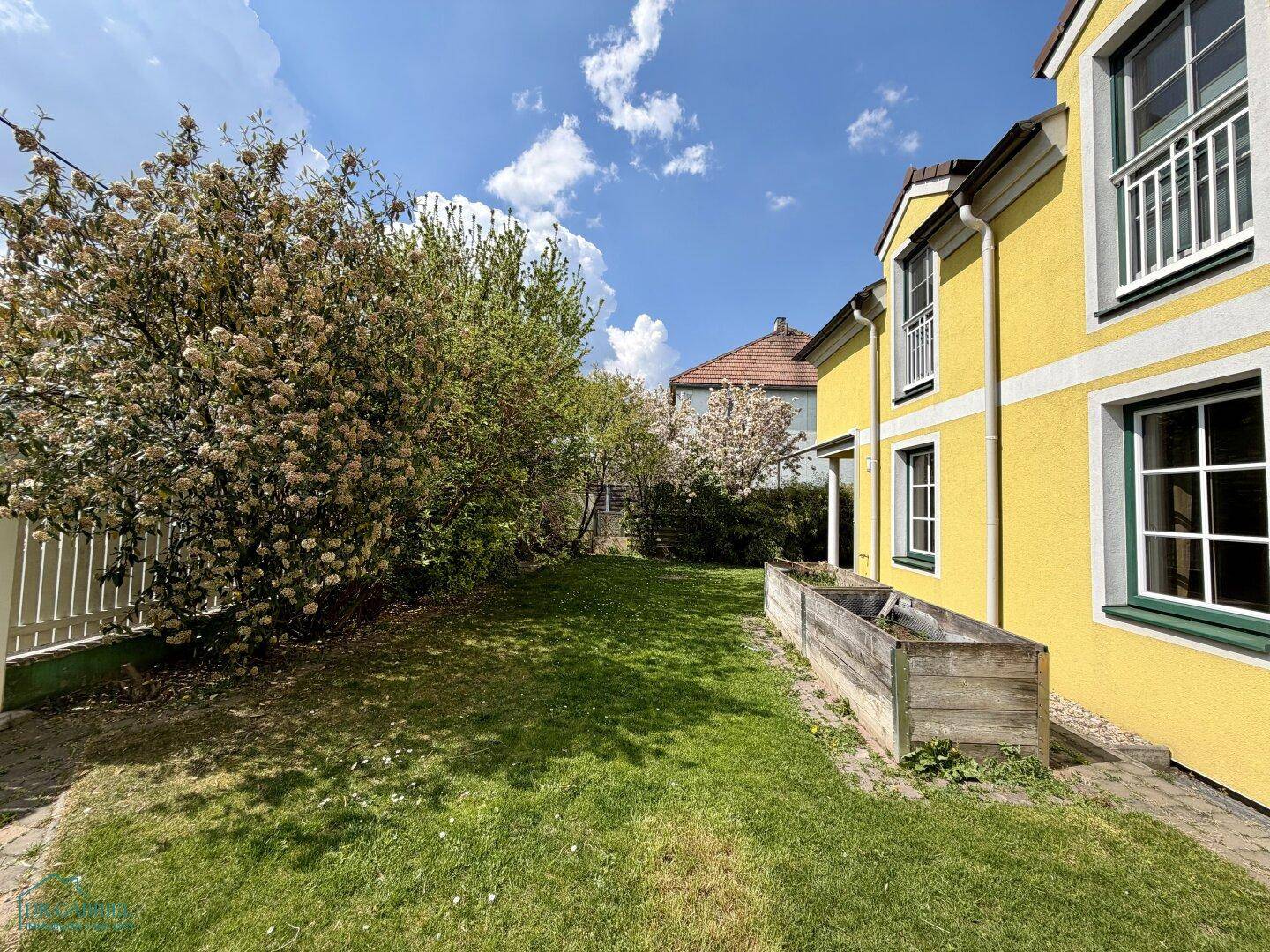 Gepflegter Gartenbereich mit Rasenfläche und blühenden Sträuchern neben der gelben Hausfassade.