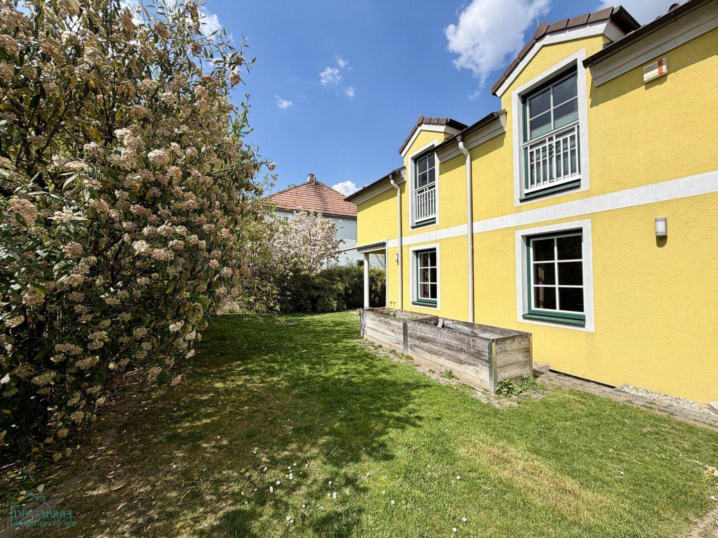 Sonniger Garten mit Rasen und blühenden Pflanzen vor einem gelben Wohnhaus unter blauem Himmel.