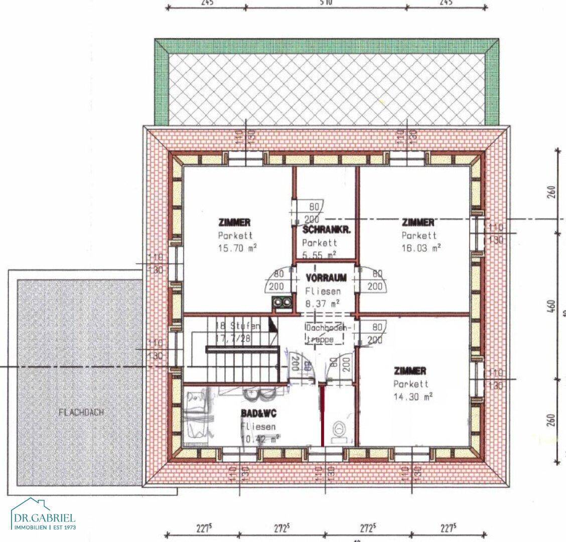 Grundriss des Obergeschosses mit drei Schlafzimmern und einem Badezimmer.