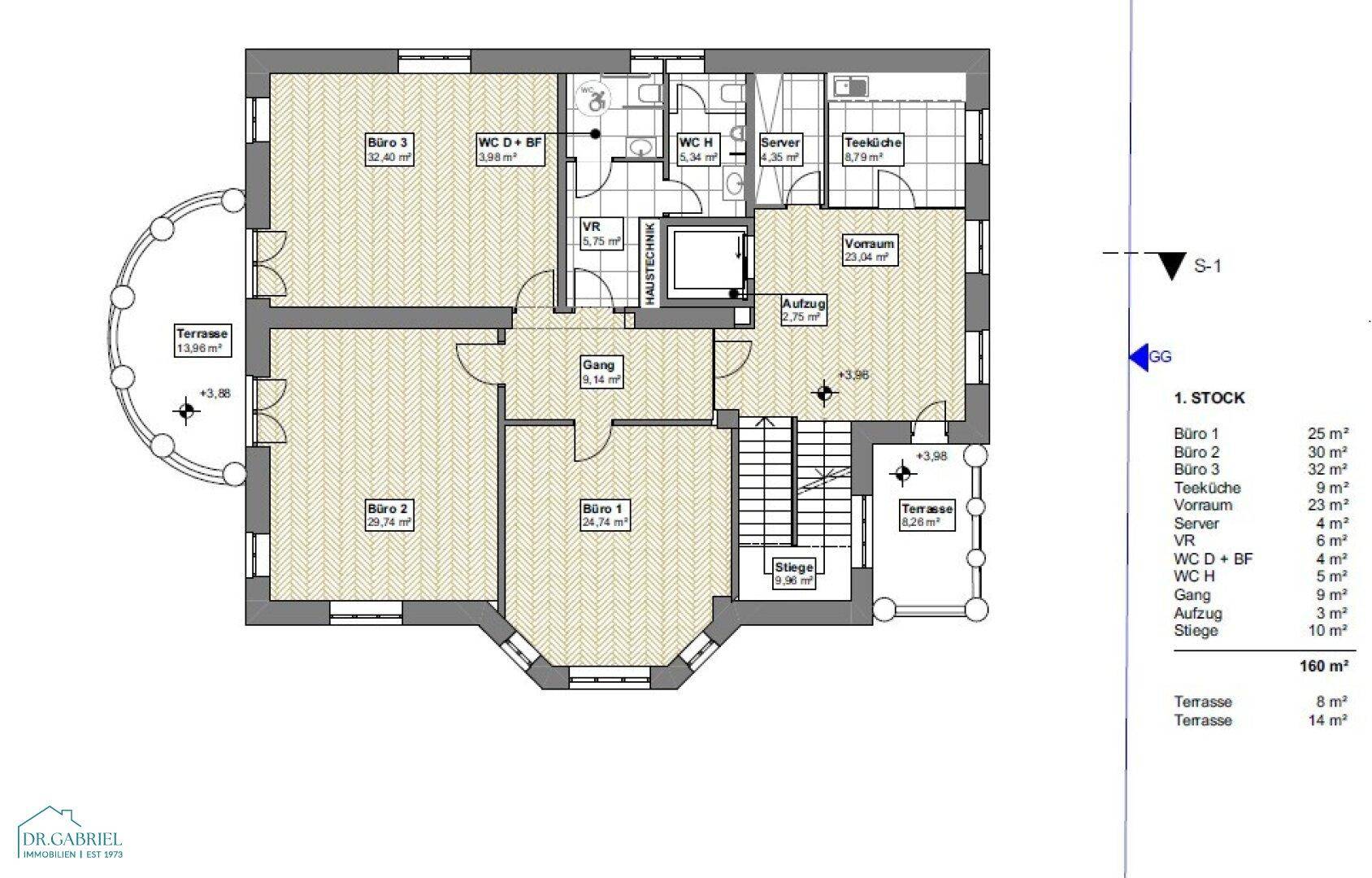 Grundriss des ersten Stocks mit Büros, Teeküche und zwei Terrassen.