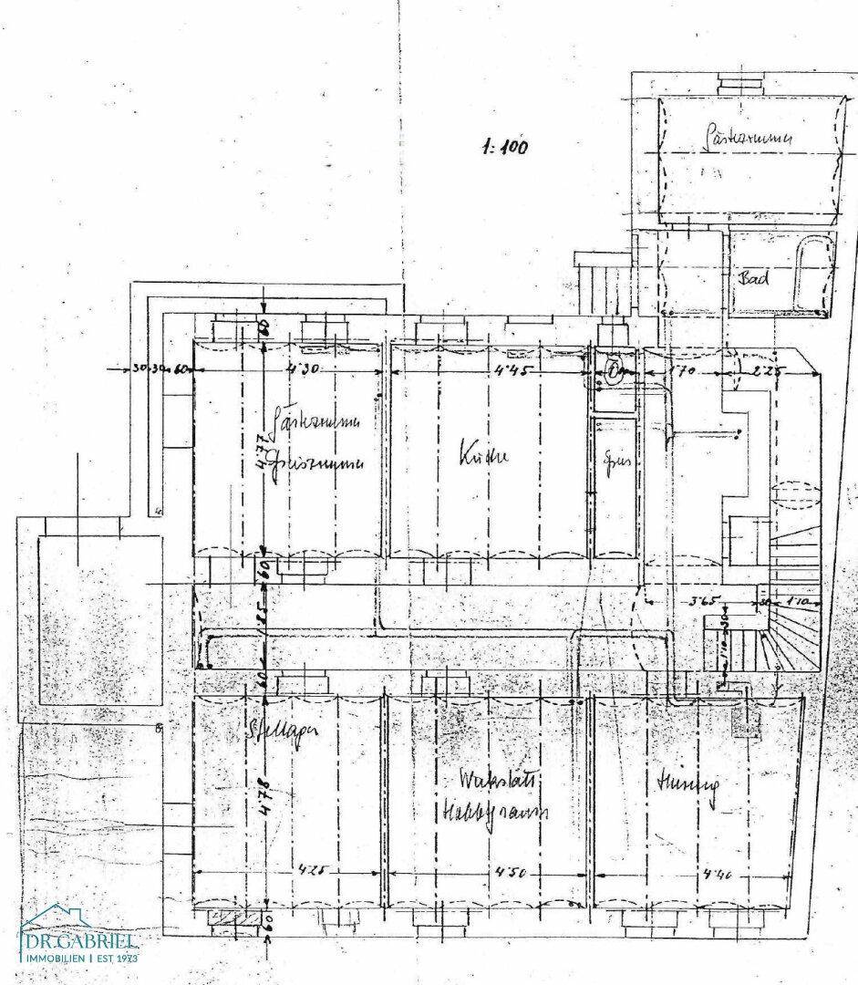 Grundriss des Kellergeschosses mit Küche, Bad, Pankammer und weiteren Kellerräumen.