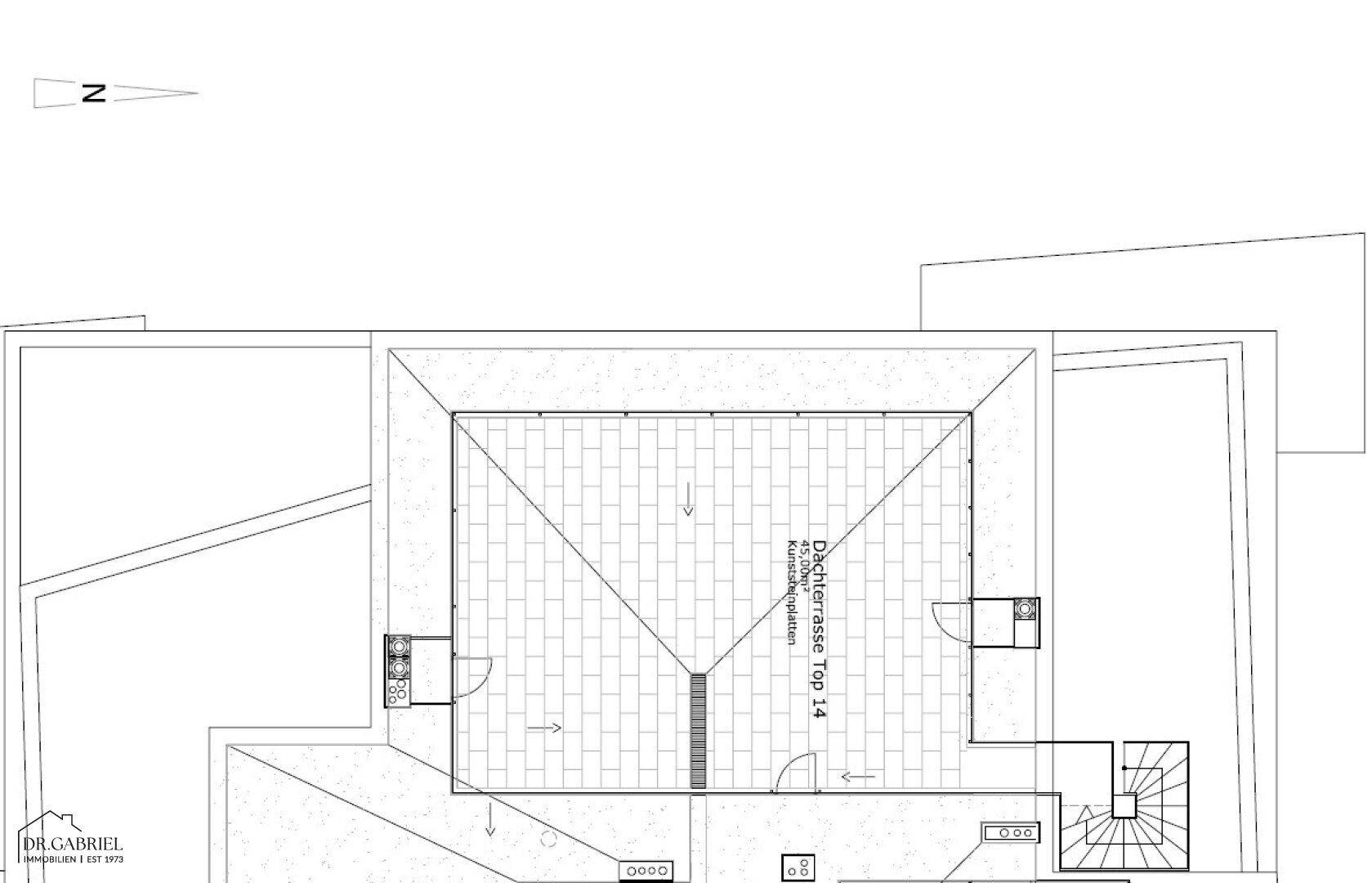 Grundriss der Dachterrasse mit Zugang über eine Außentreppe und Platz für eine Außenküche.