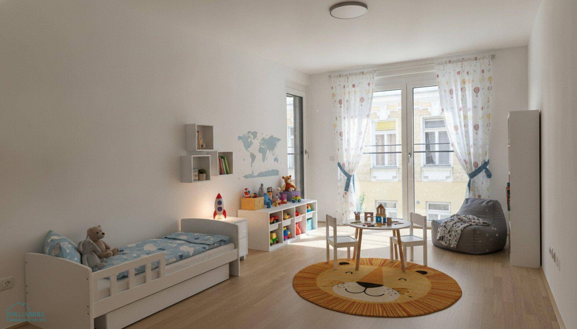 Freundliches Kinderzimmer mit Bett, Spielbereich und bunten Vorhängen, ideal für kleine Bewohner.