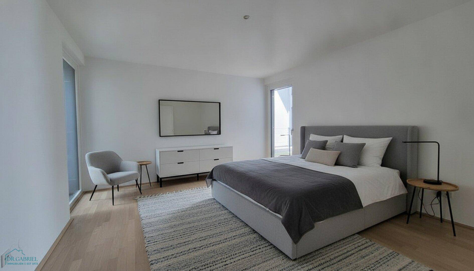 Modernes Schlafzimmer mit großem Bett und minimalistischer Einrichtung, hell und einladend.