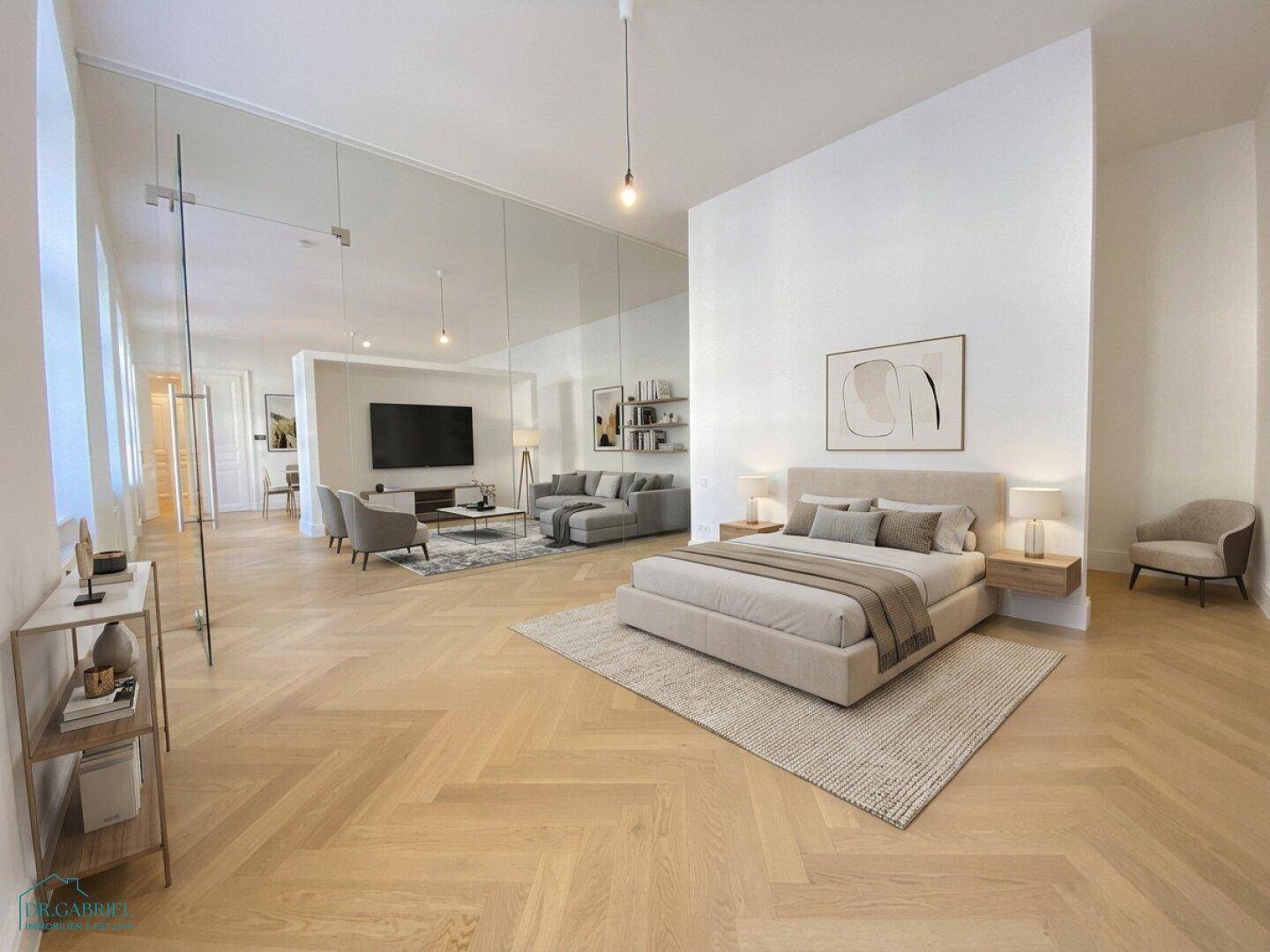 Helles, offenes Schlafzimmer mit modernem Design, Fischgrätparkett und integriertem Wohnbereich.