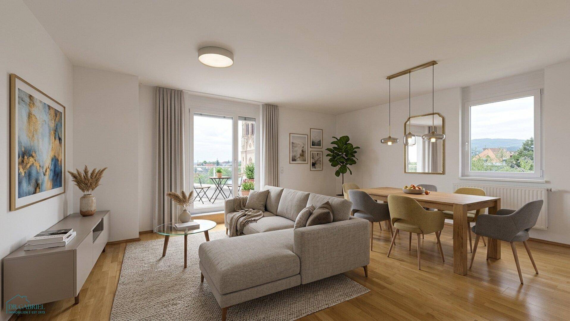 Helles Wohn-Esszimmer mit Holzboden, modernem Mobiliar und Zugang zu einem kleinen Balkon.