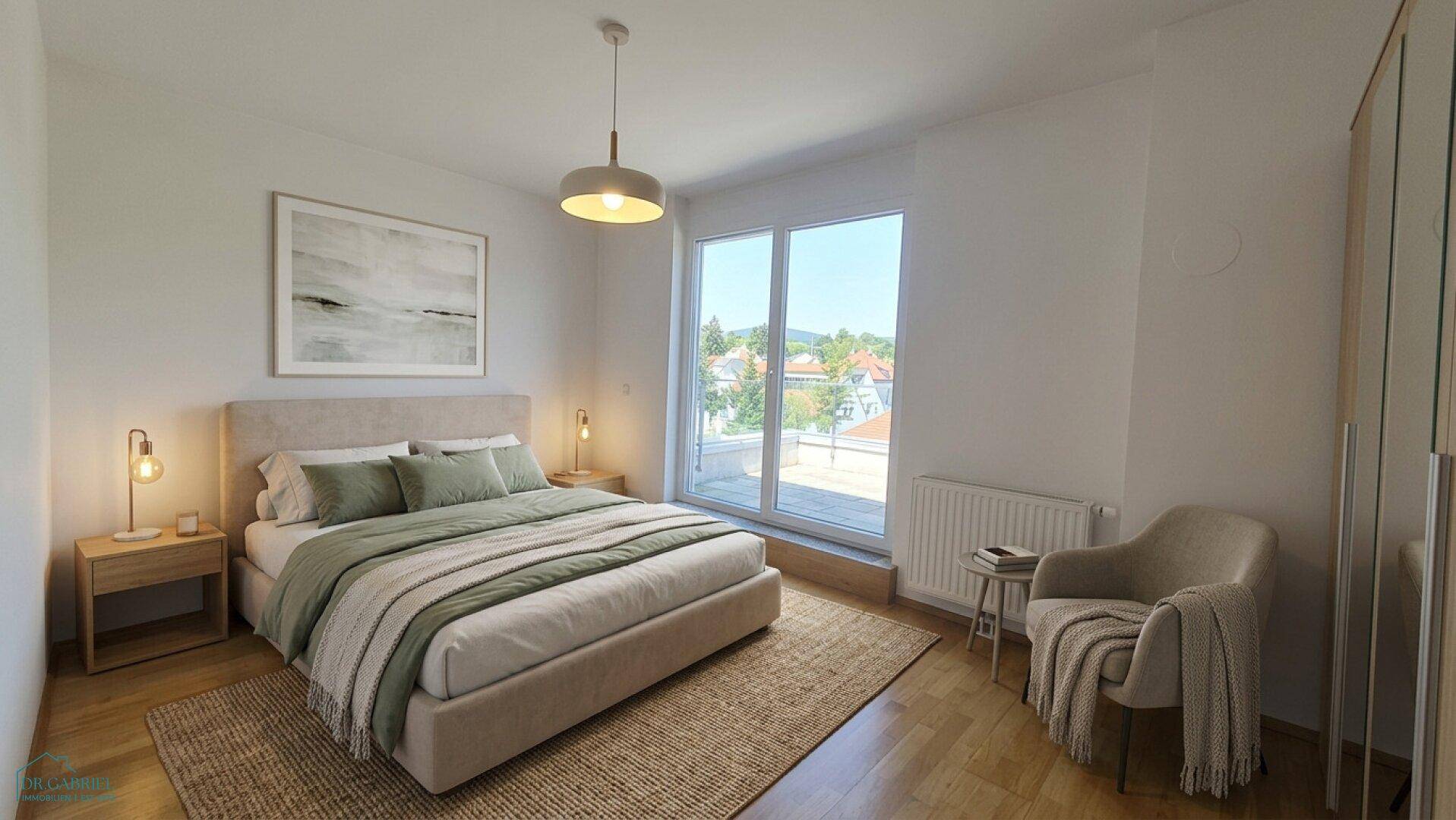 Modern eingerichtetes Schlafzimmer mit Holzboden, großem Fenster und Zugang zum Balkon.