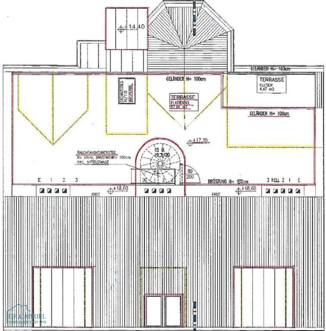 Grundriss des Obergeschosses mit großer Terrasse und Wendeltreppe, die den Zugang ermöglicht.