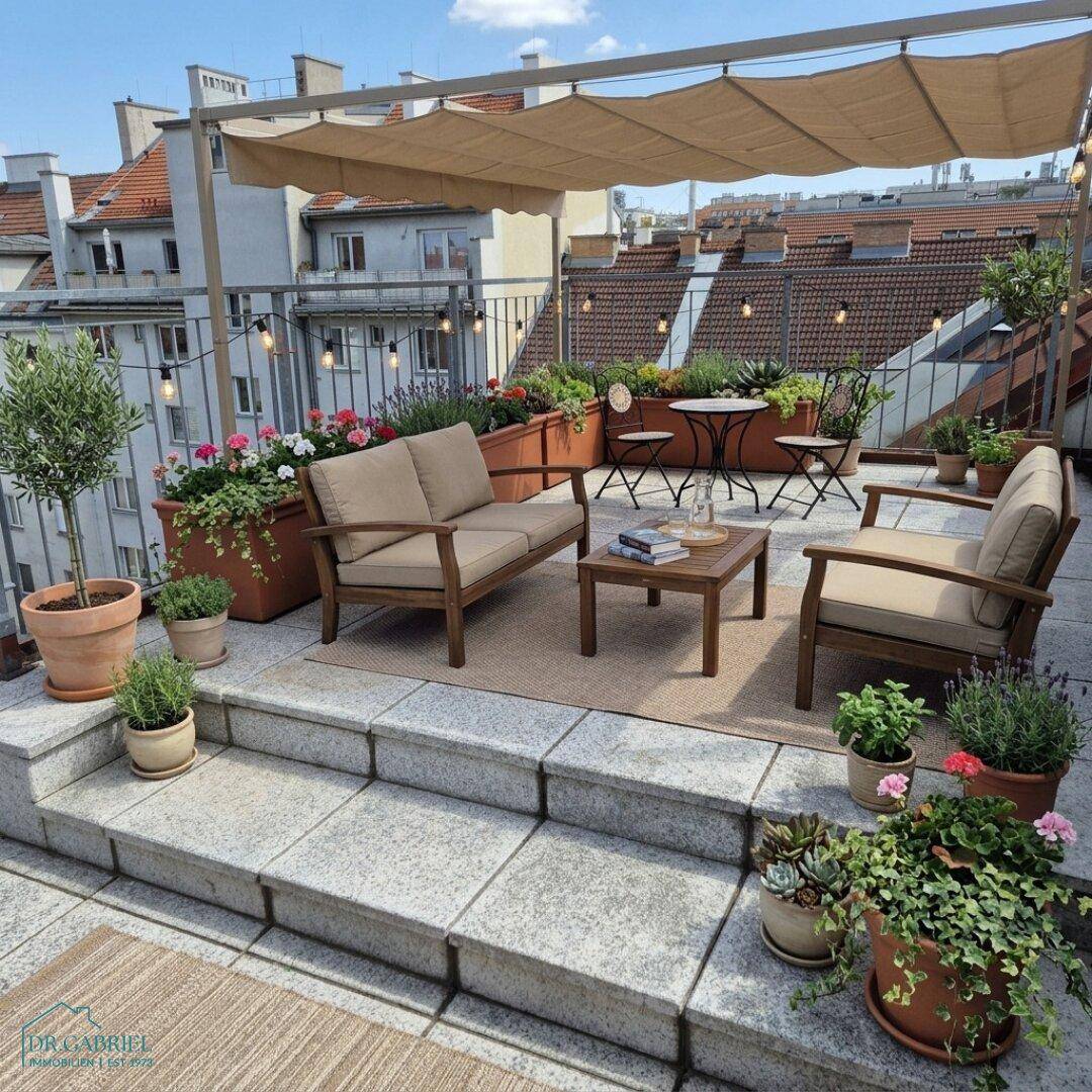 Attraktive Dachterrasse mit gemütlichen Sitzgelegenheiten, Sonnenschutz und üppiger Bepflanzung für entspannte Momente.