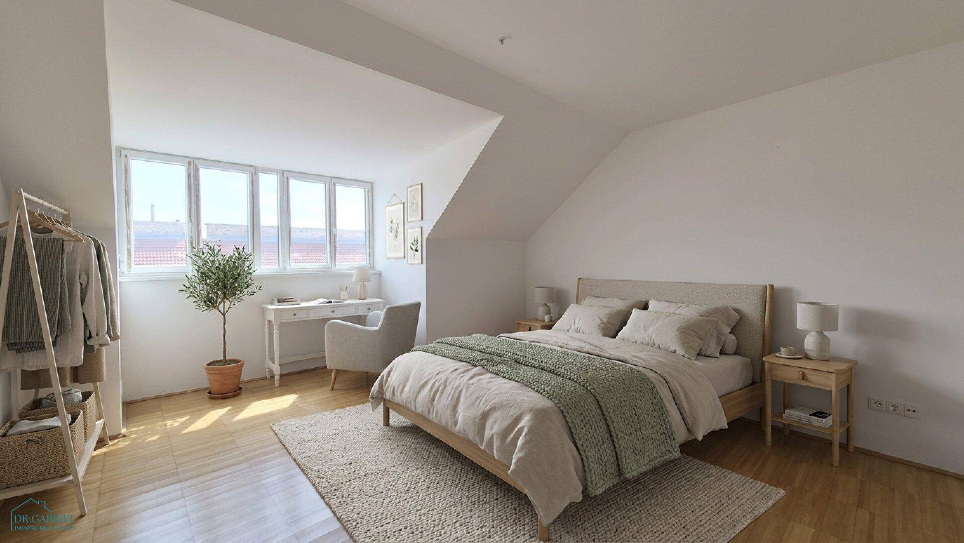 Gemütliches Schlafzimmer mit Parkettboden, Dachschrägen und einem großen Fenster für viel Tageslicht.