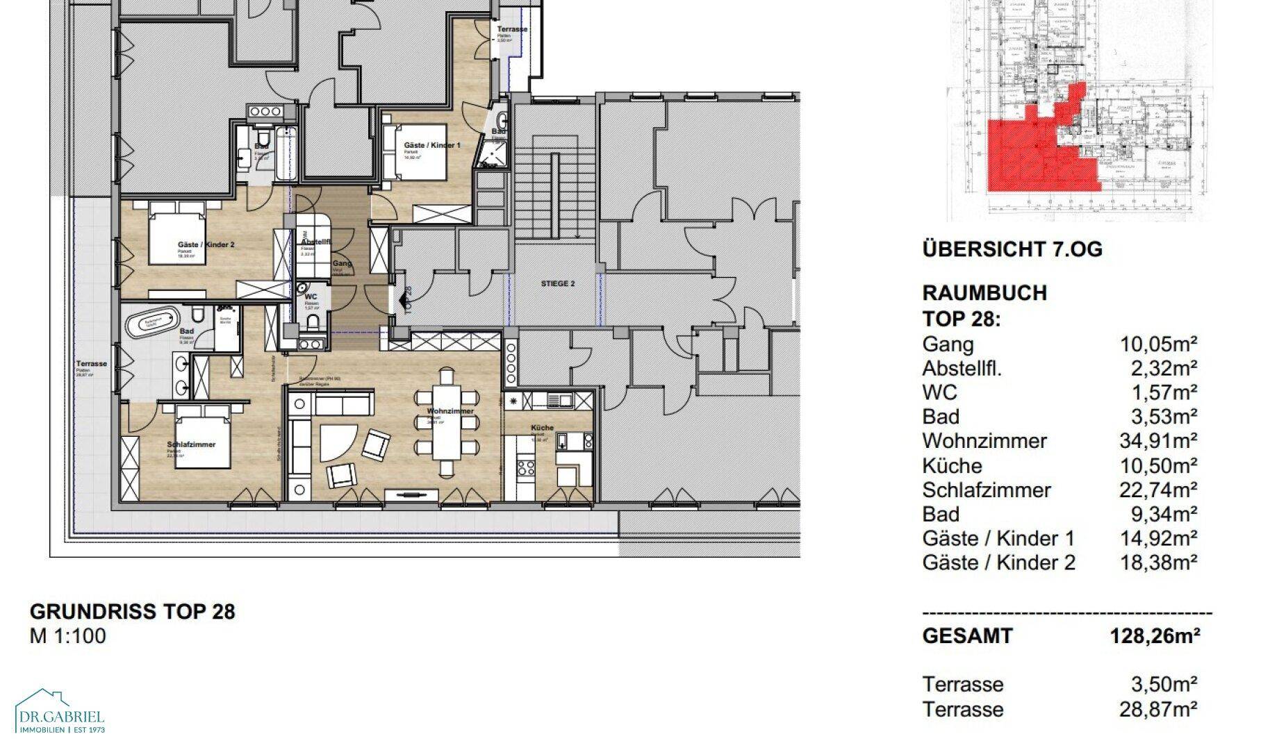 Detaillierter Grundriss einer modernen Wohnung mit offenem Wohnbereich, drei Schlafzimmern und zwei Terrassen.