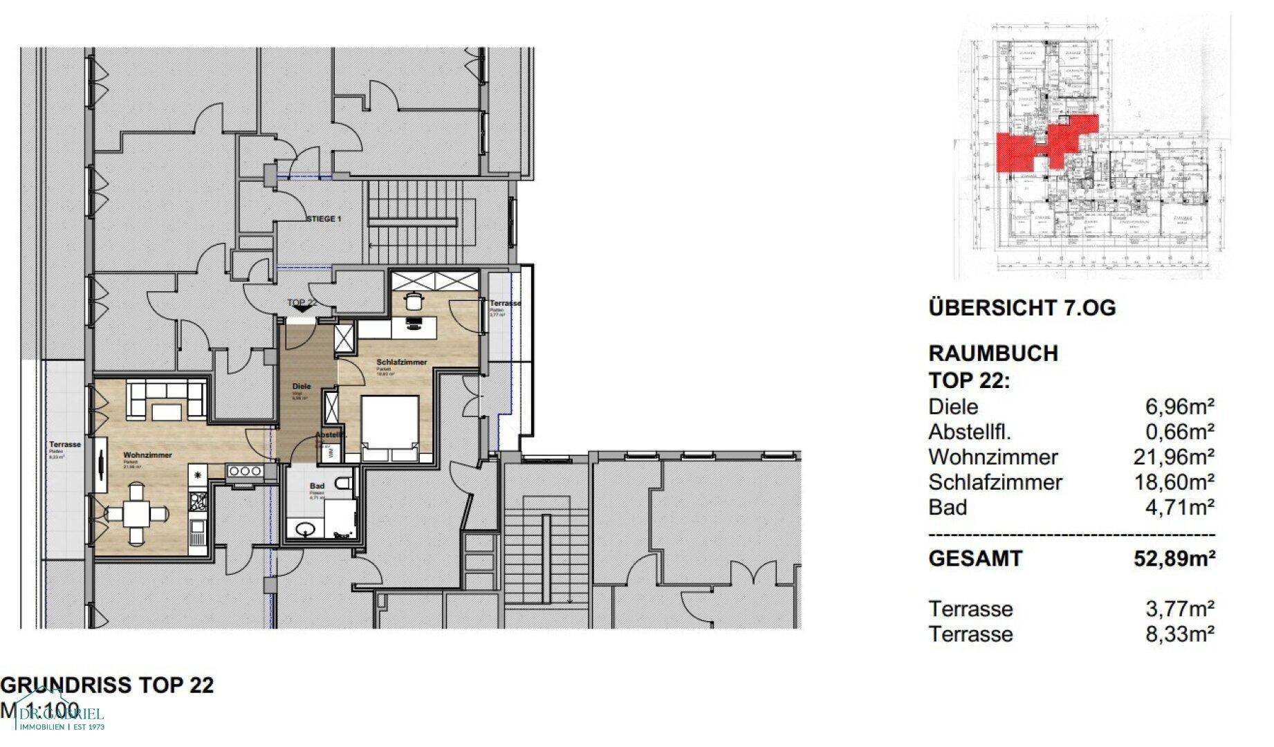 Detaillierter Grundriss der Wohnung TOP 22 mit offenem Wohnbereich, einem Schlafzimmer, Bad und zwei Terrassen.