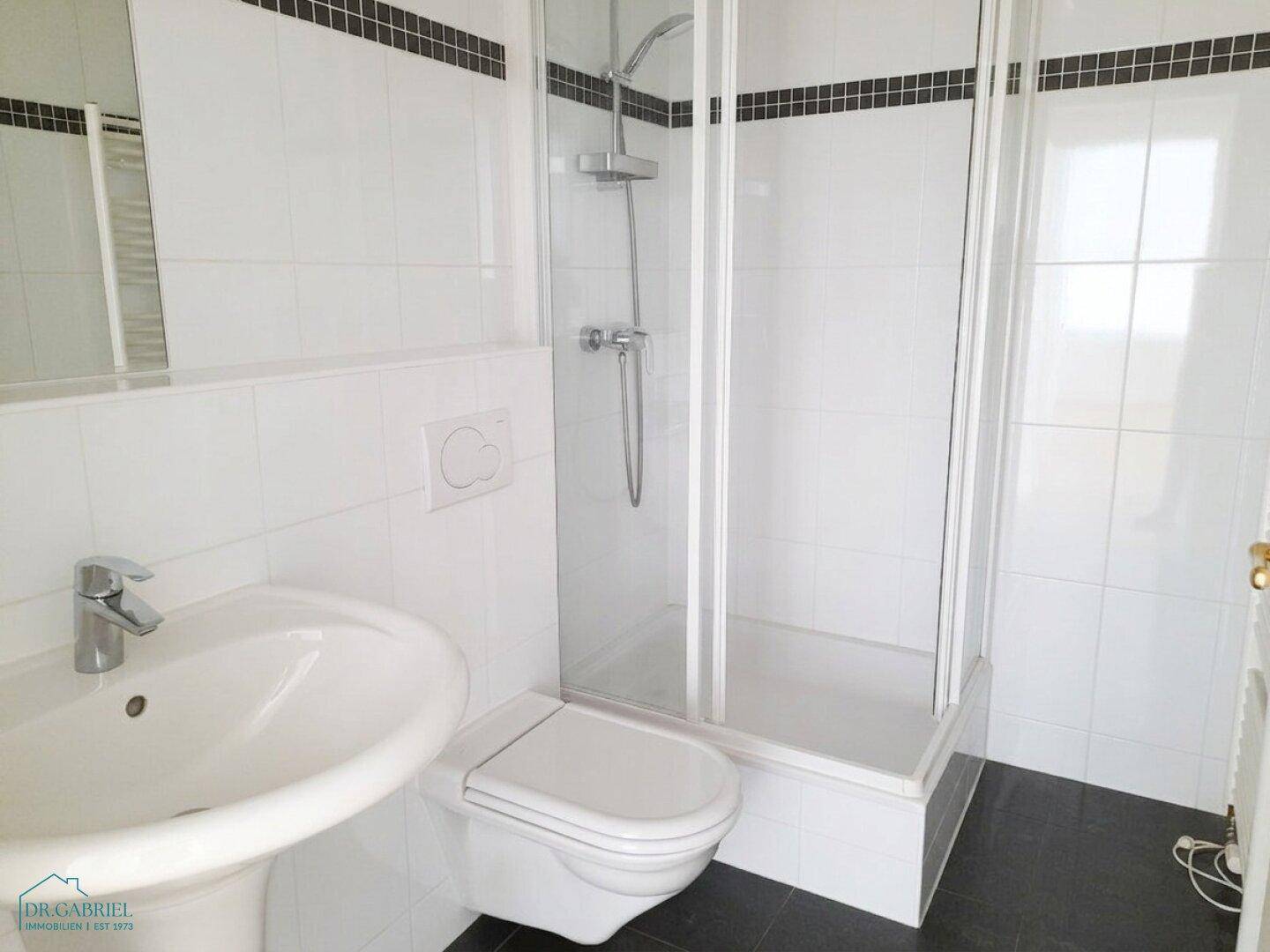 Modernes Badezimmer mit Dusche, WC und Waschbecken, ausgestattet mit dunklen Bodenfliesen.