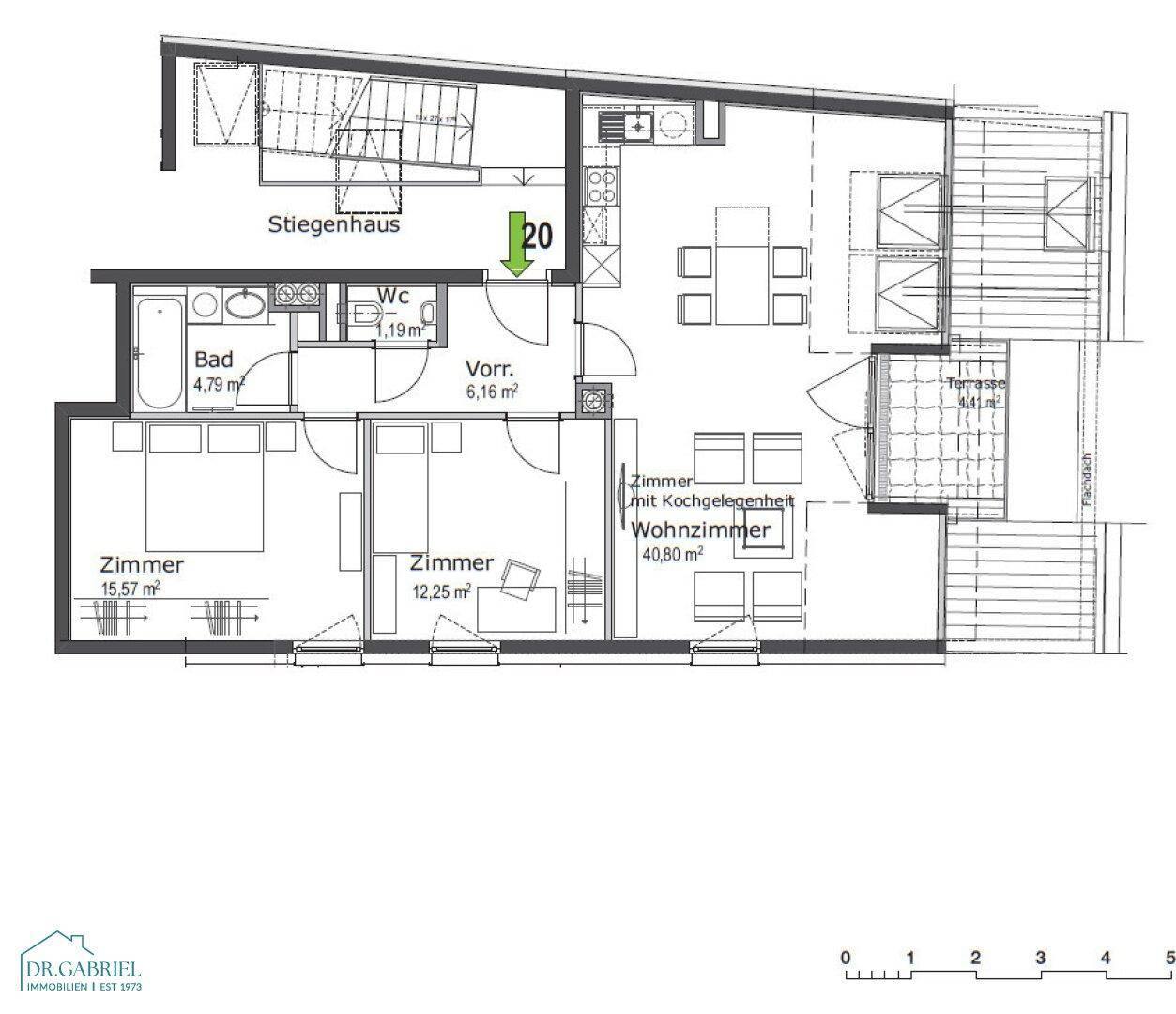 Grundriss der Wohnung mit Zimmern, Bad, WC und Terrasse, inklusive Maßen.