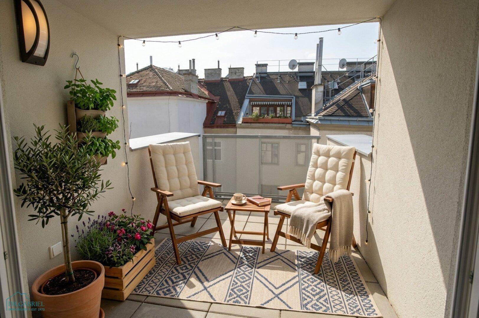 Gemütlicher Balkon mit Sitzgelegenheiten, Pflanzen und Blick über die Dächer der Stadt.