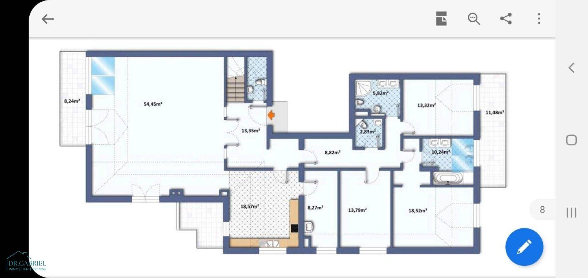 Digitaler Grundriss der Wohnung mit Raumaufteilung und Flächenangaben.