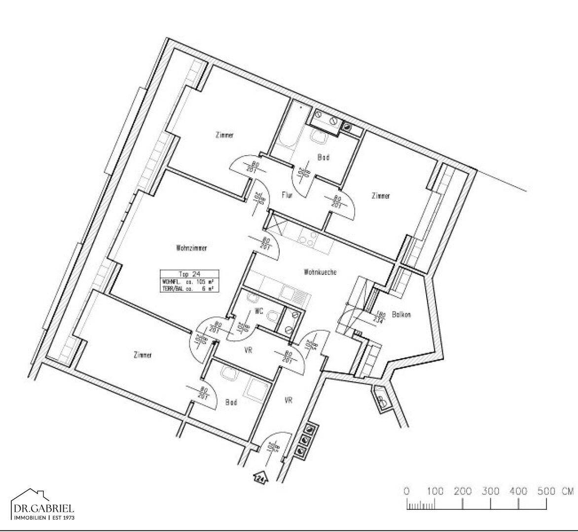 Grundriss der Wohnung mit drei Zimmern, Wohnküche, zwei Bädern und Balkon.