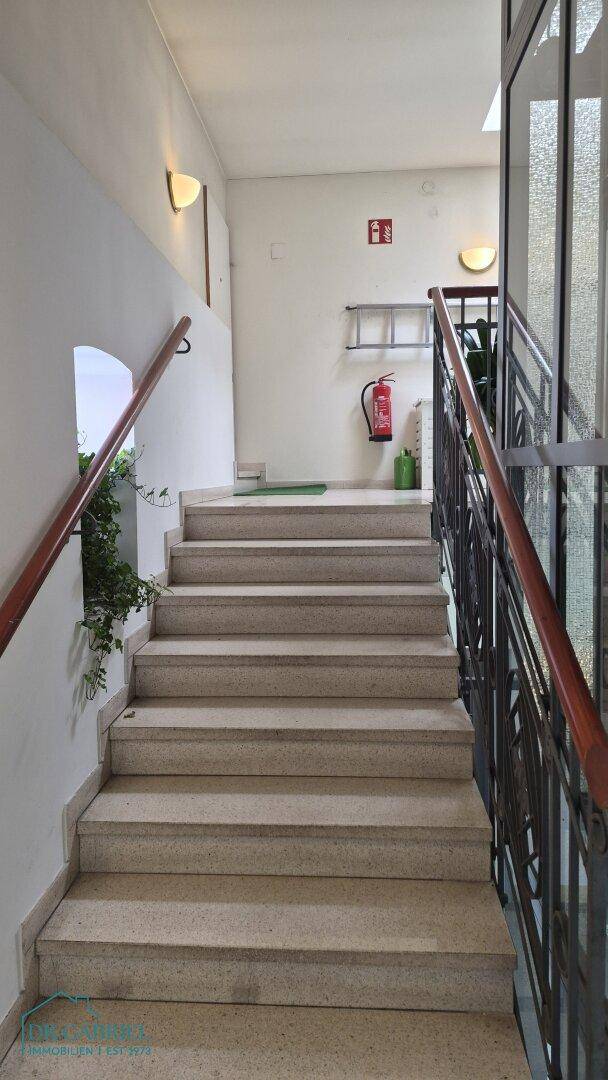 Helles Treppenhaus mit Steinstufen und Holzgeländer in einem Mehrfamilienhaus.