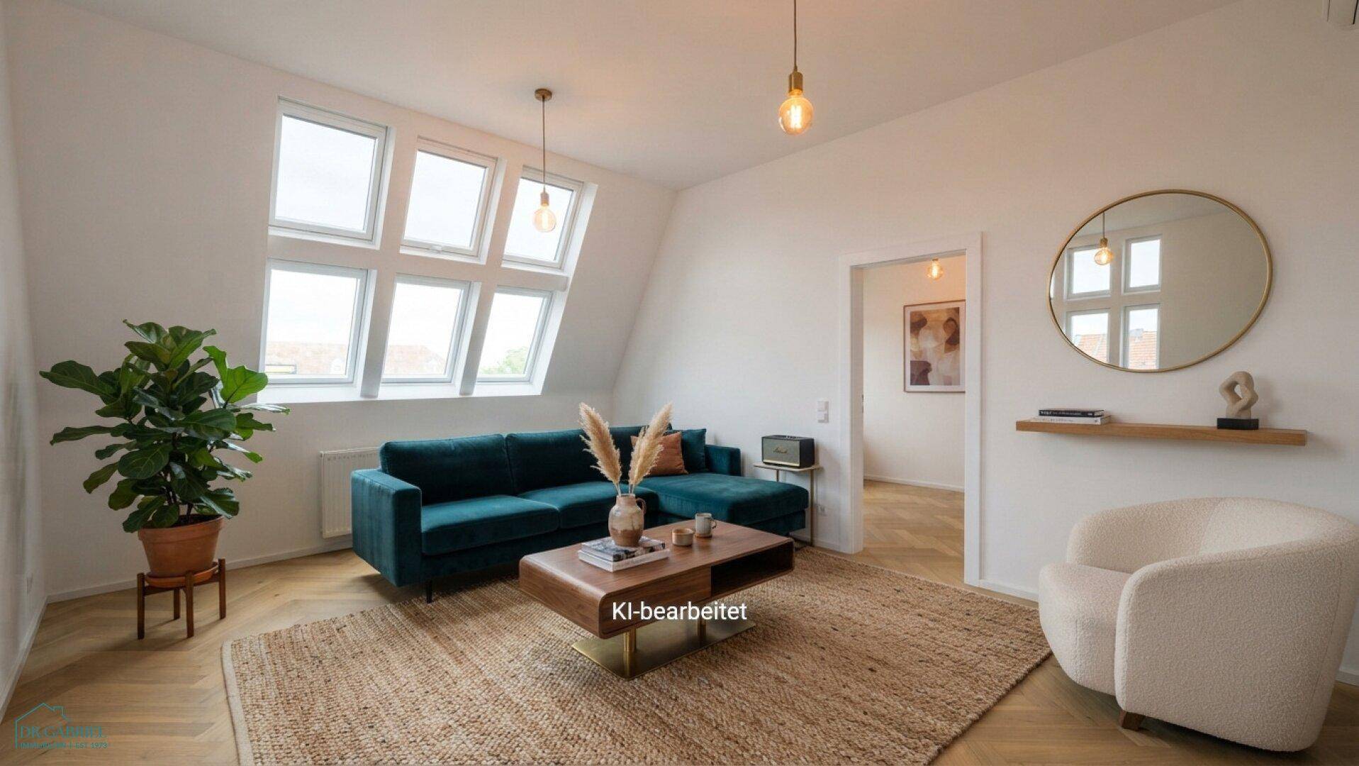Gemütliches Wohnzimmer mit modernem Sofa, Teppich und hellem Fischgrätparkett unter großen Dachfenstern.