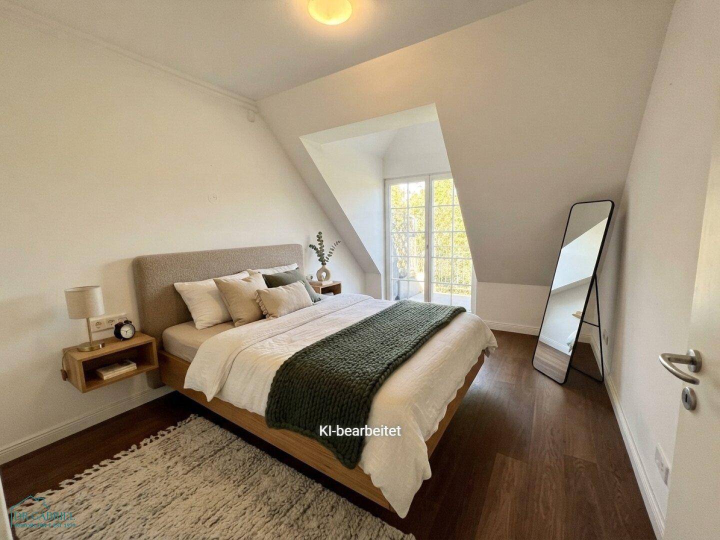 Gemütliches Schlafzimmer mit Holzboden, modernem Bett und französischem Balkon.