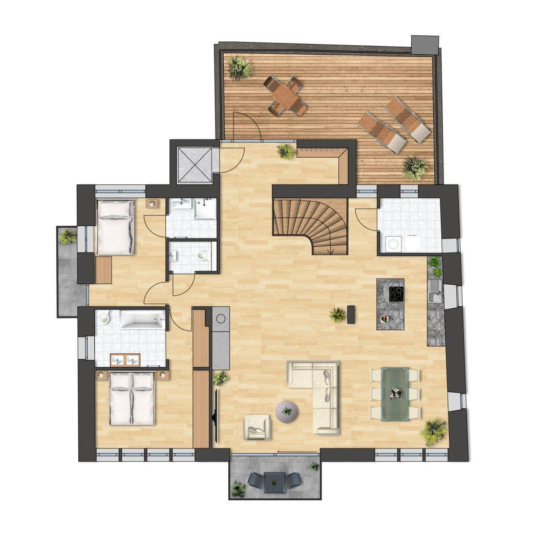Detaillierter Grundriss mit großer Terrasse, offenem Wohnbereich und zwei Schlafzimmern.