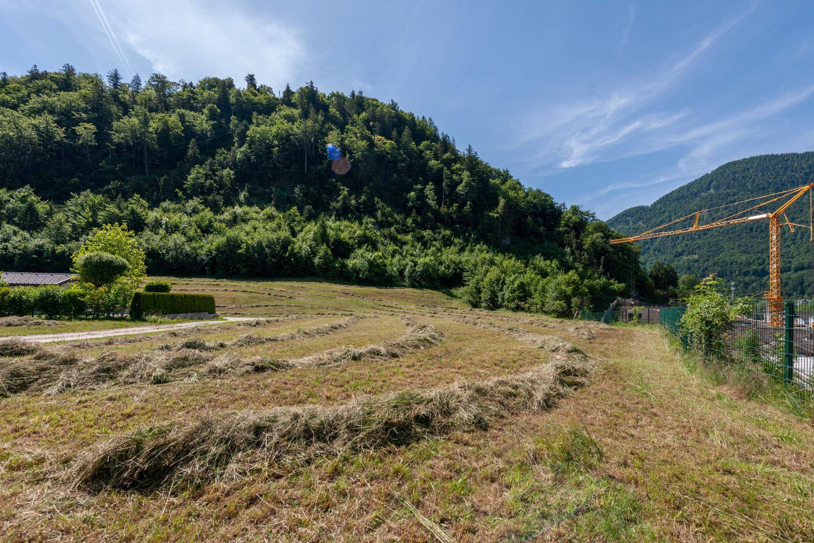 Weitläufiges Feld mit Heu und einem Wald im Hintergrund, daneben ein Baukran unter blauem Himmel.