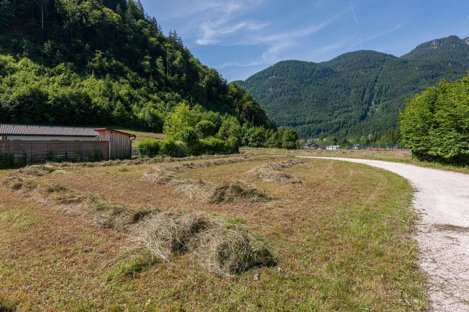 Blick über ein Feld mit Heu und einem Schuppen, umgeben von grünen Bergen unter blauem Himmel.