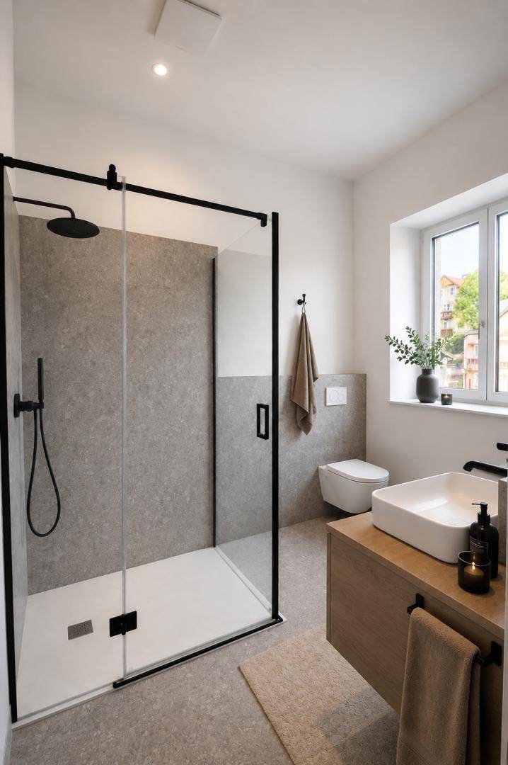 Modernes Badezimmer mit ebenerdiger Dusche, Wand-WC und Fenster für Tageslicht.