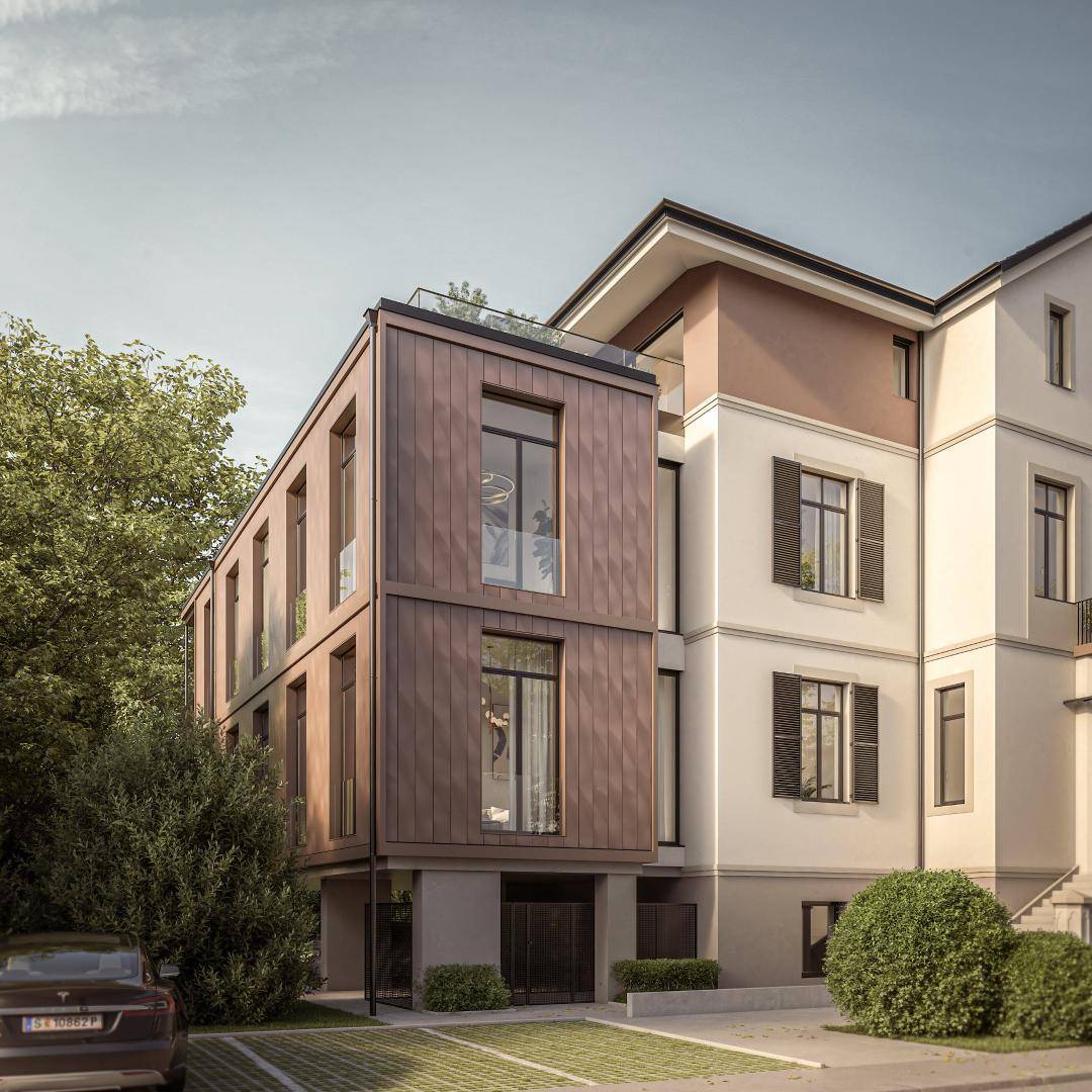 Moderne Architektur mit Holzverkleidung und traditionellen Elementen in einer grünen Umgebung.