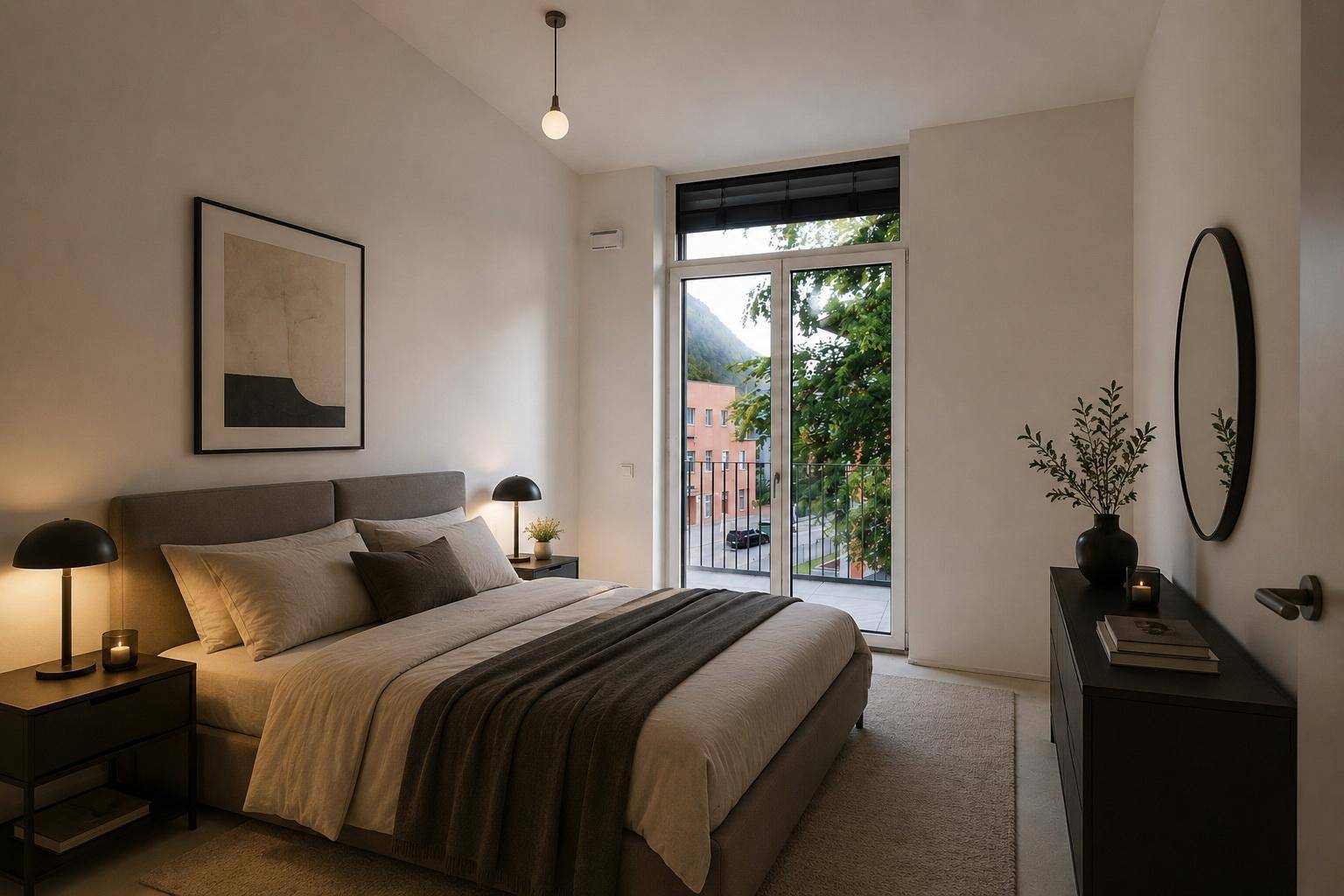 Gemütliches Schlafzimmer mit Doppelbett, Balkonzugang und Blick ins Grüne.