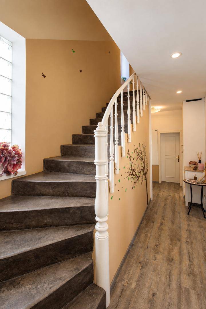 Geschwungene Treppe mit Betonstufen und dekorativer Wandgestaltung im Flurbereich.