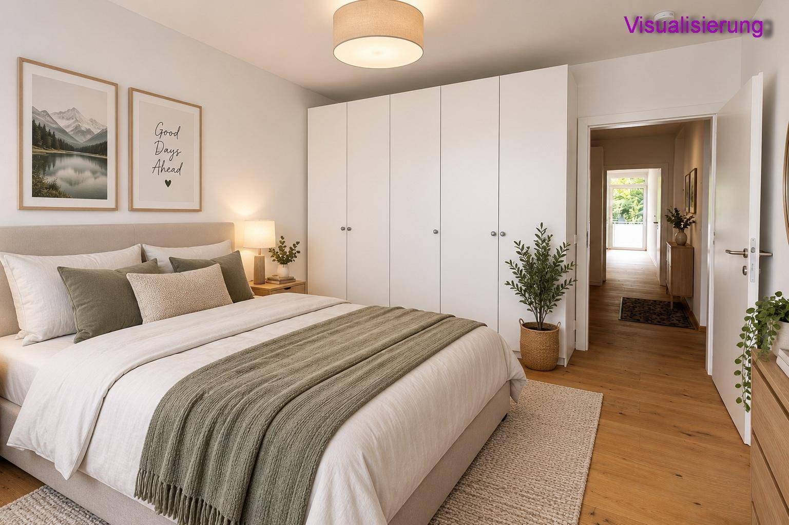 Gemütliches Schlafzimmer mit großem Bett, Einbauschränken und hellem Holzboden.