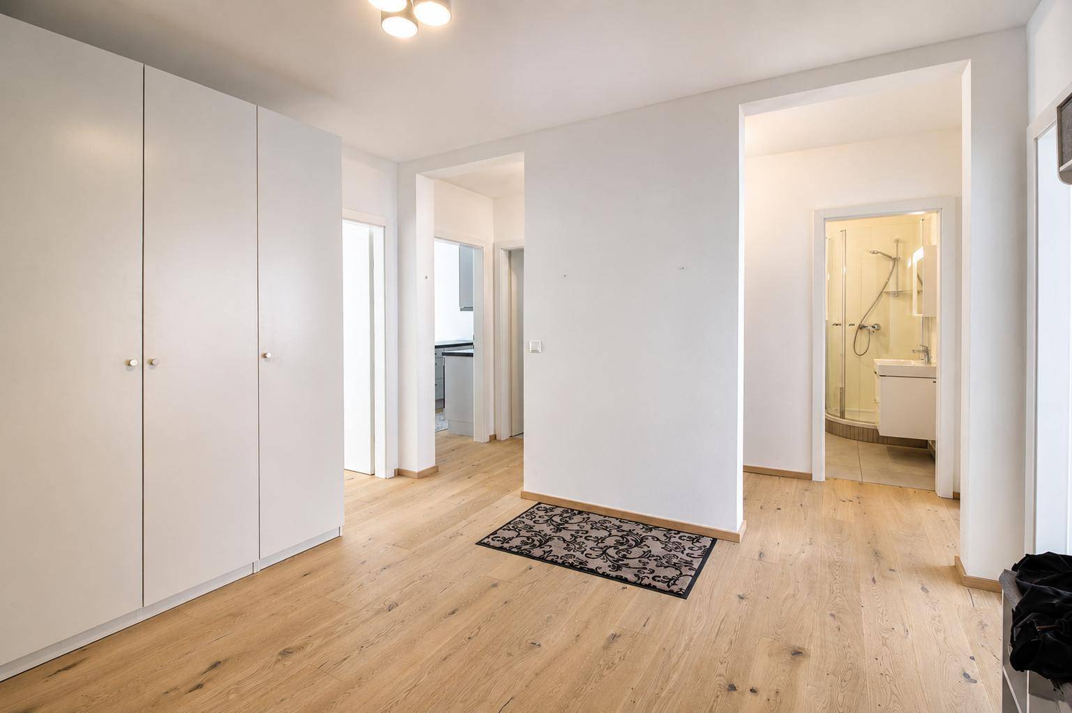 Heller Flur mit Einbauschränken und Zugang zu weiteren Zimmern und einem Badezimmer.